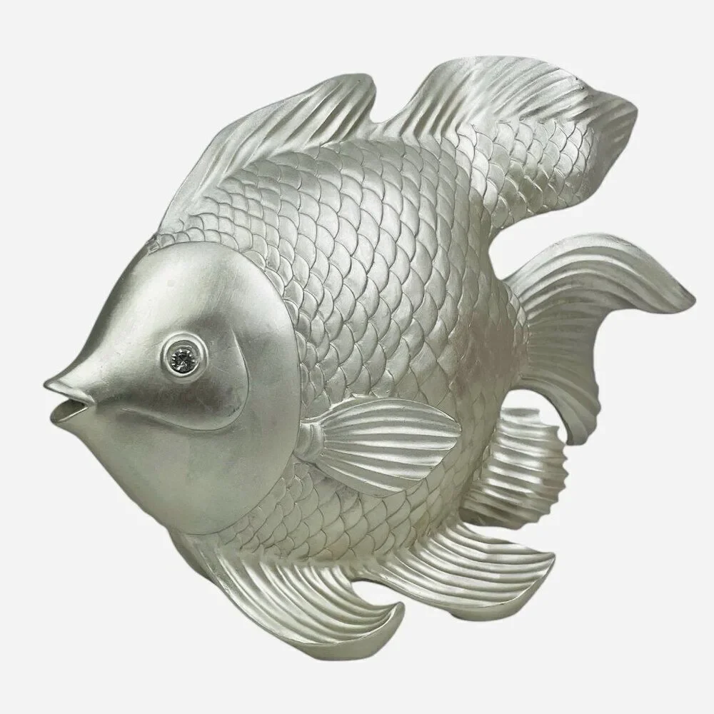 Large Silver Fantail Fish Resin Statue Jewel Rhinestone Eyes Sculpture Decor Art